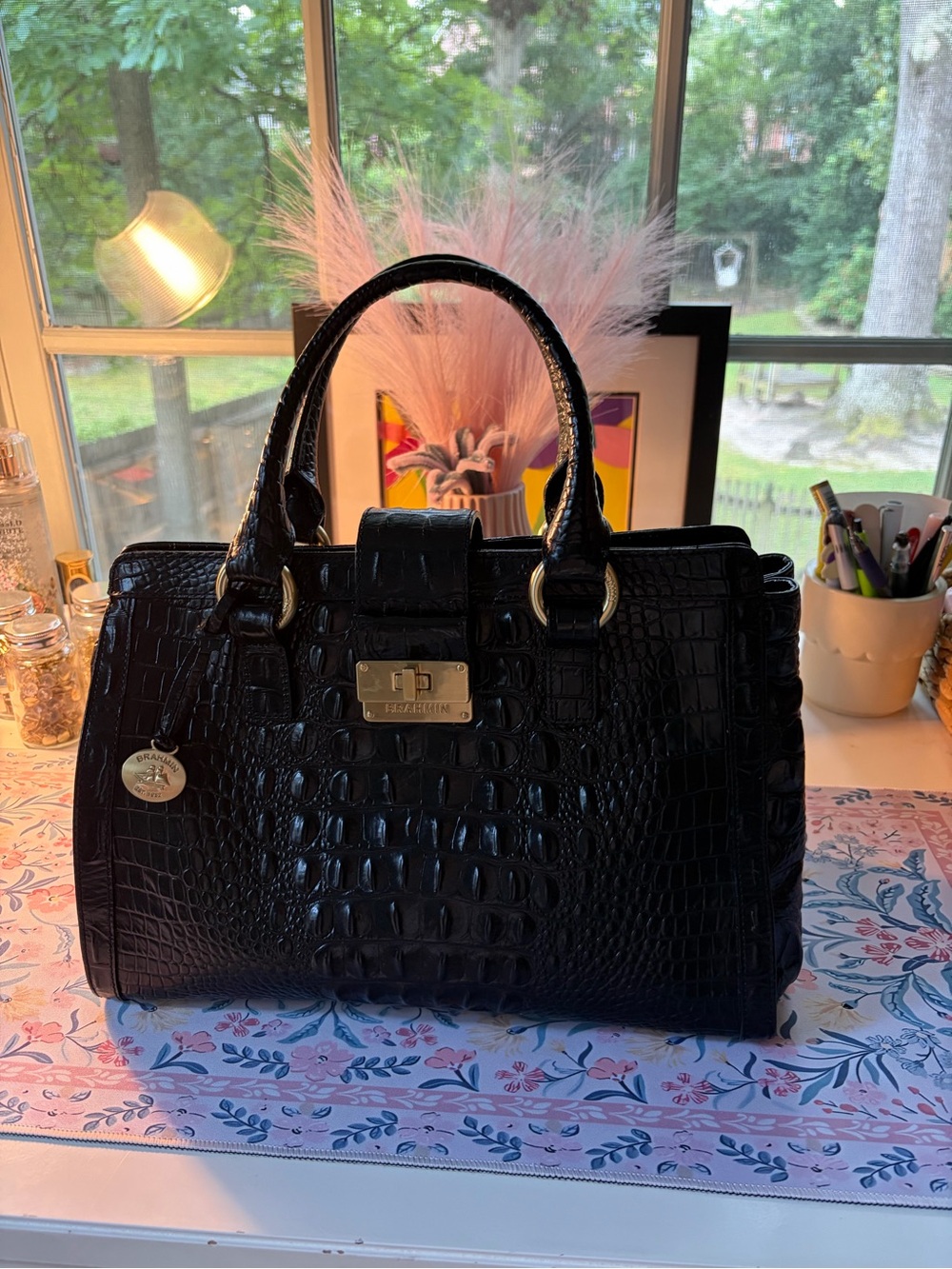 Brahmin Black Croc-Embossed Satchel with Gold Hardware - Picture 1 of 7